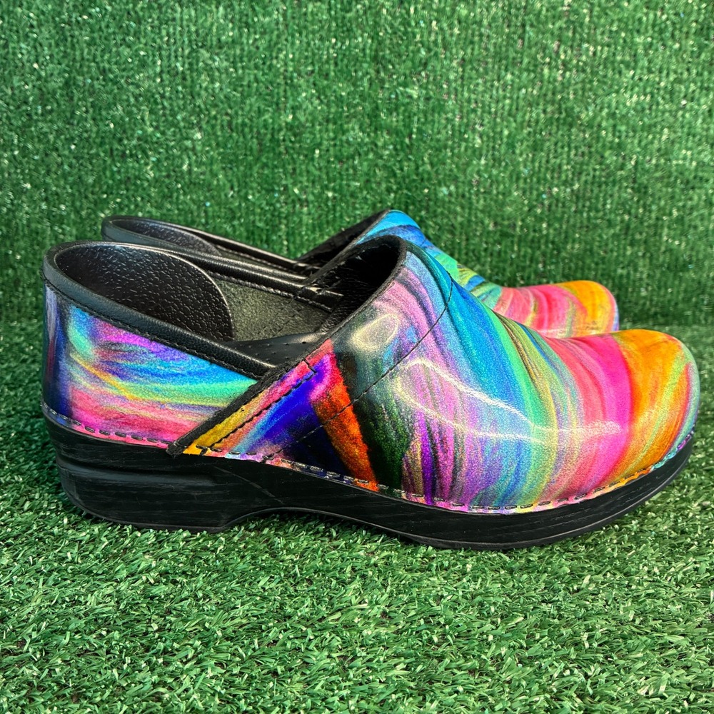 Dansko Professional Patent Leather Slip On Clog Shoes Rainbow Swirl Womens 8.5-9